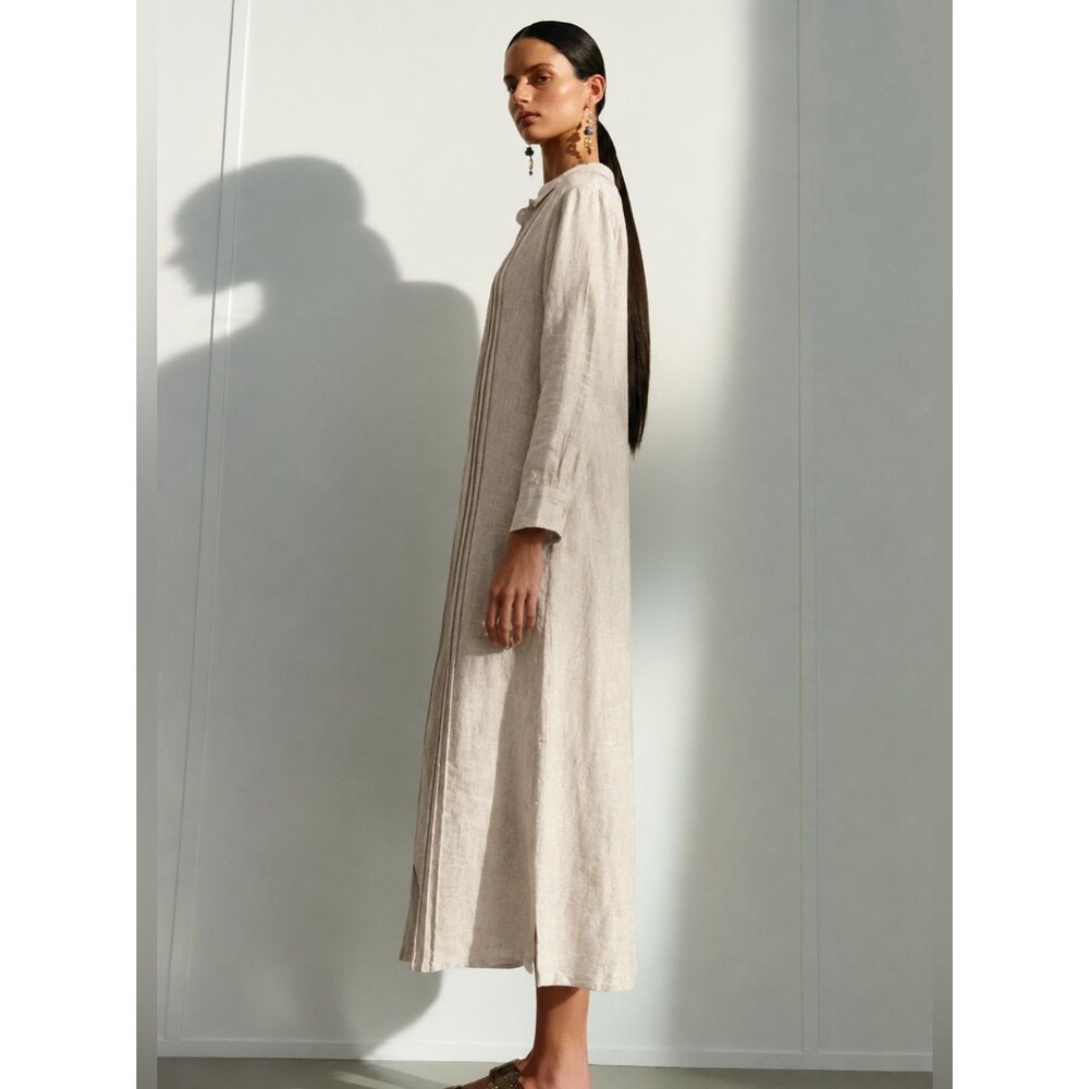 Lanhtropy Long-Sleeve Pintuck Button-Front Linen Maxi Dress in Natural Sz S/M